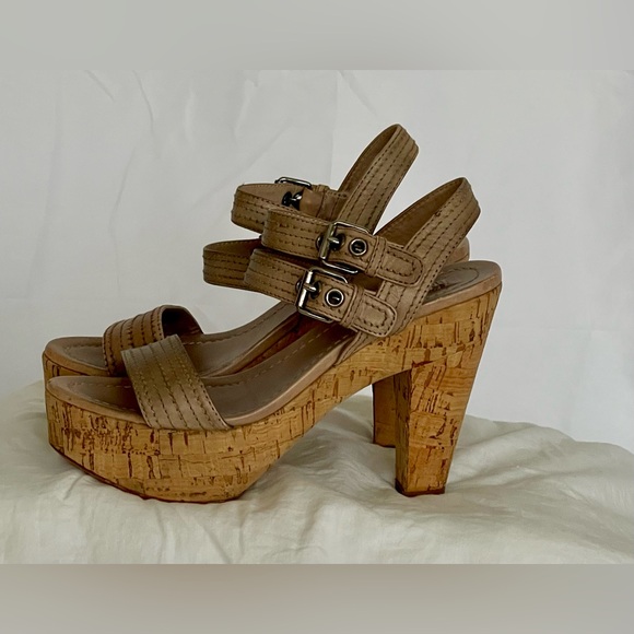 miu miu Platform Sandal Double Ankle Leather Buckle Cork Block Heel - Picture 6 of 8
